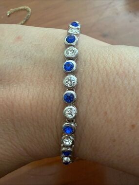 Avon Silver Bracelet with Alternating Blue and Clear Stones